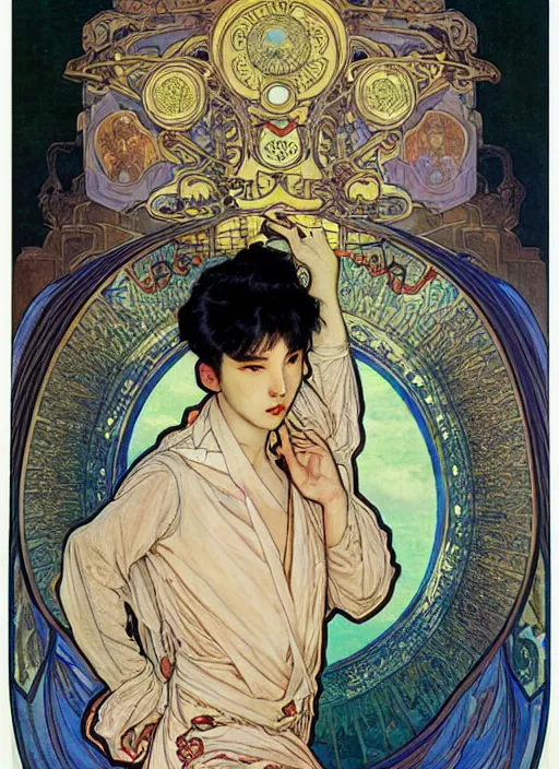 Image similar to cai xukun by james jean, manuel sanjulian, alphonse mucha