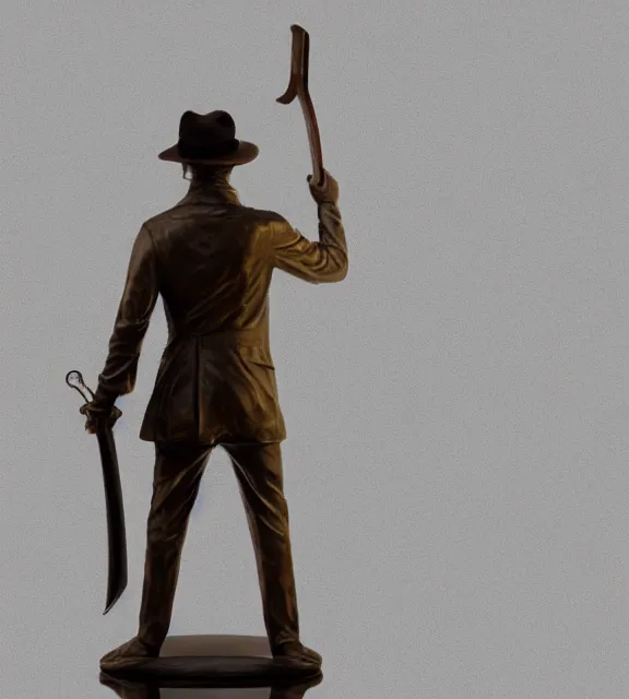 Image similar to a 4 k photorealistic photo medium shot of a bronze statue of a man wearing a fedora holding a sword, standing heroically.