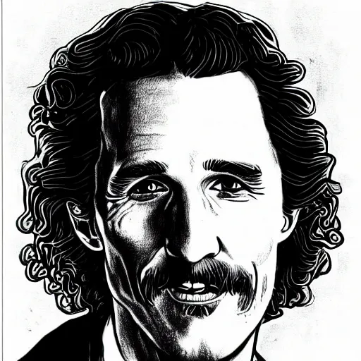 Image similar to a portrait drawing of Mathew McConaughey drawn by Robert Crumb