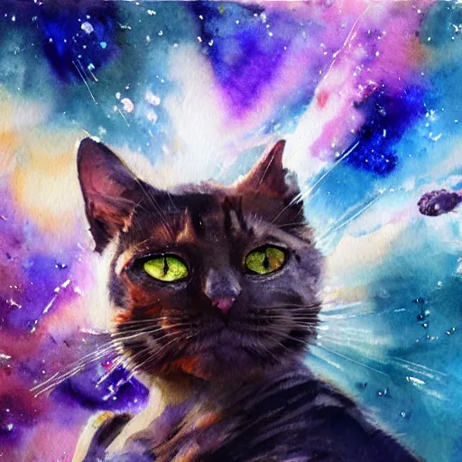 Prompt: cat, virus, antibodies in space. watercolor. amazing painting. high resolution. highly realistic. cool tones. close - up. 8 k. trending on artstation.