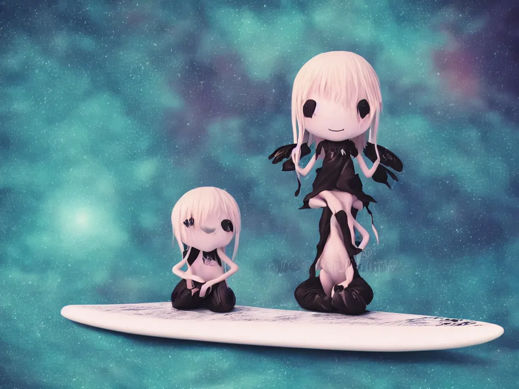 Image similar to cute fumo plush gothic maiden alien girl sitting on a surfboard in the waves of the dark galactic abyss, tattered ragged dress, ocean waves and reflective splashing water, vignette, vray