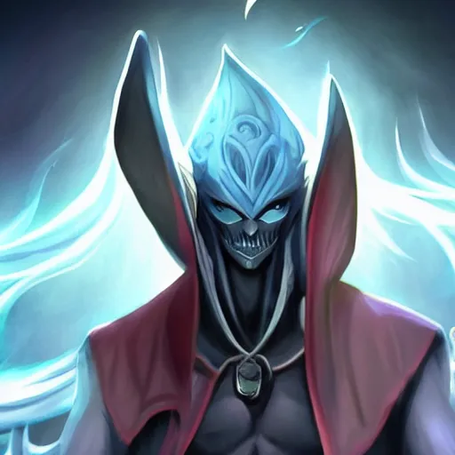 Image similar to Karthus from League of Legends with attractive male muscle body