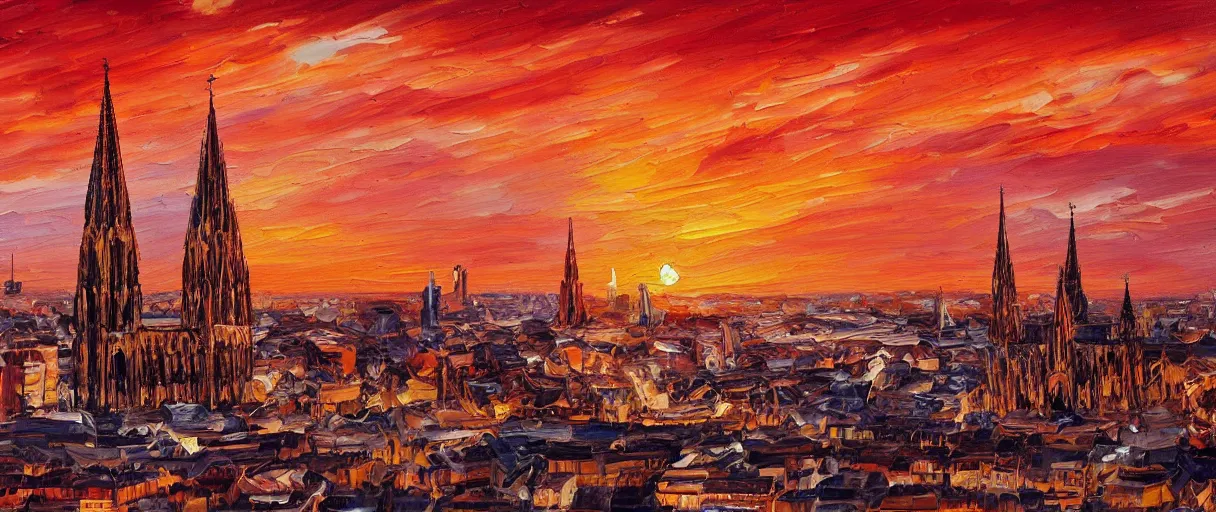 Image similar to burning oil painting of cologne, sunset, red color palette, high details, 4 k