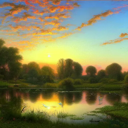 Prompt: a painting of a duck pond at sunset, surrounded by flower bushes, a detailed matte painting by marc simonetti, deviantart, hudson river school, terragen, pink clouds, pastel sky, trending on artstation
