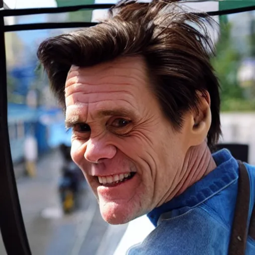 Image similar to jim carrey on a cablecar