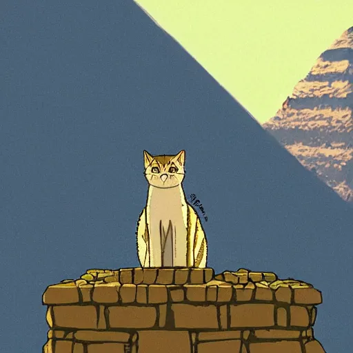 Prompt: A tabby cat seated on a throne inside the Great Pyramid of Giza illustration by Hayao Miyazaki, trending on Artstation