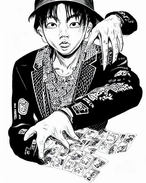 Image similar to highly detailed ink illustration of a korean poker player, b & w clean shaped illustration by kim jung gi, ric estrada, ron english and eiichiro oda