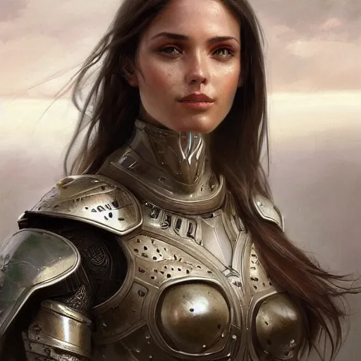 Image similar to a portrait of an attractive young woman, clothed in battle armor, olive skin, long dark hair, beautiful bone structure, symmetrical facial features, intricate, elegant, highly detailed, digital painting, trending on Artstation, concept art, smooth, sharp focus, illustration, by artgerm and greg rutkowski and alphonse mucha