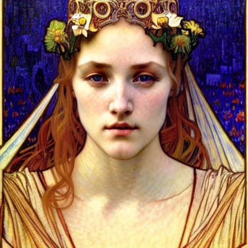 Image similar to detailed realistic beautiful young medieval queen face portrait by jean delville, alphonse mucha, vincent van gogh, and marco mazzoni, art nouveau, symbolist, visionary, gothic, pre - raphaelite