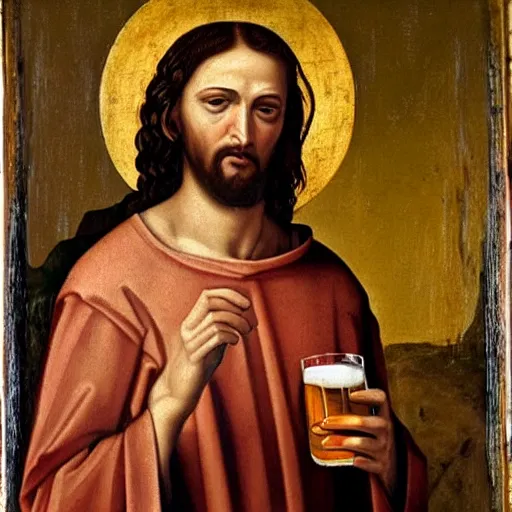 Prompt: a renaissance oil painting of jesus holding a smartphone and drinking beer