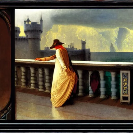 Image similar to Magician leaving the castle through the bridge, thunderstorm, beach ocean on the background major arcana sky, balustrade, by paul delaroche, alphonse mucha and arnold böcklin arnold böcklin hyperrealistic 8k, very detailed