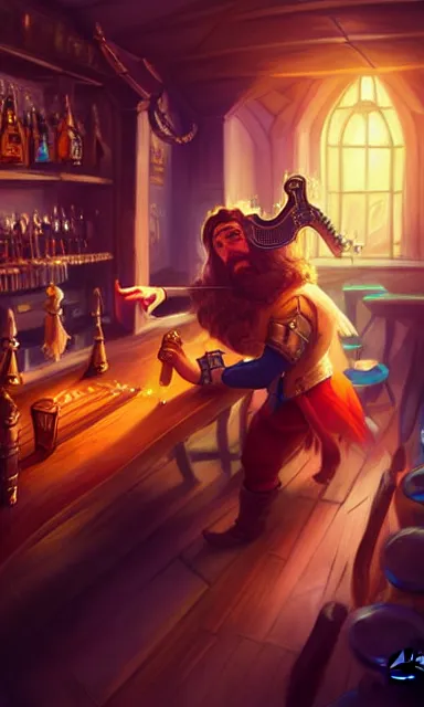 Prompt: a bard in a pub, d & d, portrait, sharp focus, fantasy, digital art, concept art, dynamic lighting, epic composition, by emylie boivin 1. 0, rossdraws 2. 5