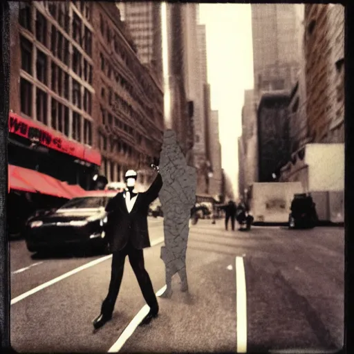 Prompt: An enderman walking the streets of new york, photography, polaroid