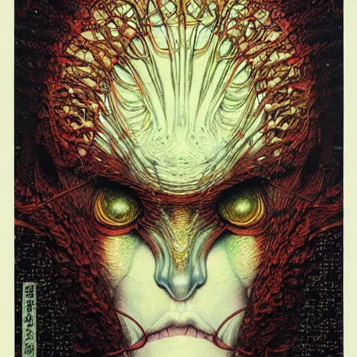 Prompt: simple concept art portrait of, ‘ the carnivore alien ’. an award winning yoshitaka amano digital art poster, by james gurney and gerhard richter. art by takato yamamoto. masterpiece, deep colours.