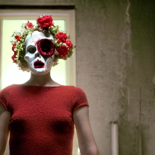 Image similar to movie still of the girl with the flowers head, cinematic composition, cinematic light, by edgar wright and david lynch, horror cinema