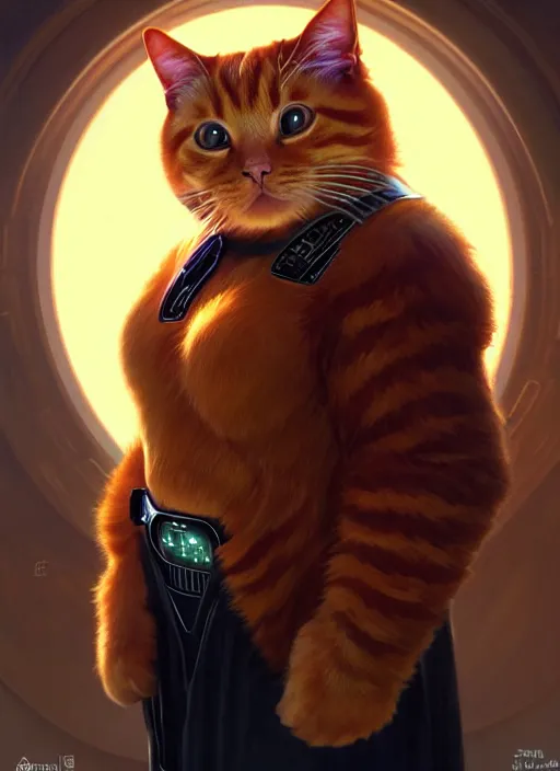 Prompt: a ginger cat as jabra the hutt, star wars, underground market, glowing lights, sci - fi, stunning, intricate, elegant. highly detailed, digital painting. artstation. smooth. sharp focus. illustration. art by artgerm and greg rutkowski and alphonse mucha