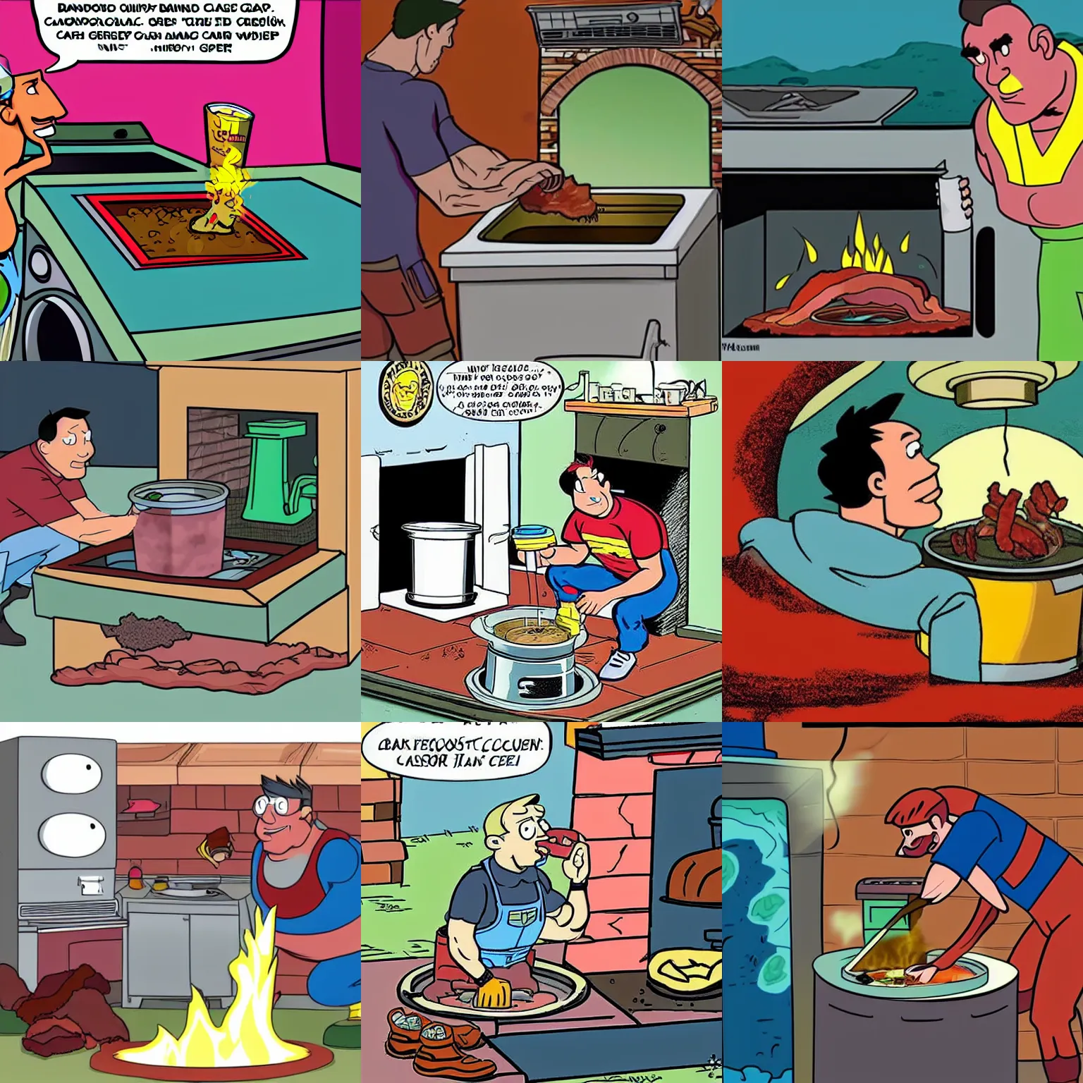 Prompt: Captain Planet drinking bacon grease from a grease trap beneath a stove, cartoon, sad, animated