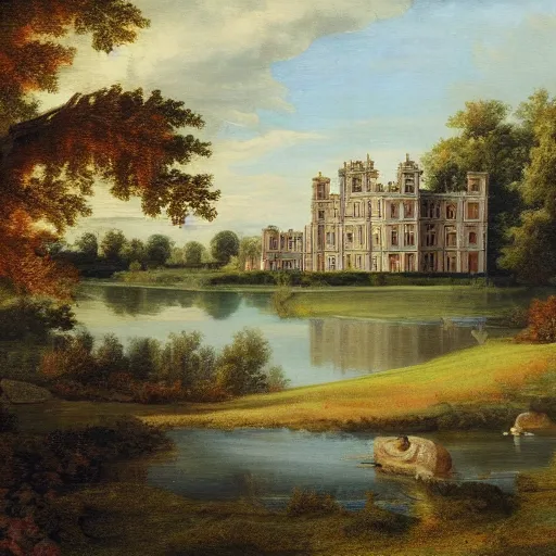 Prompt: painting of a large English palace next to a lake and woodland. Detailed, well lit