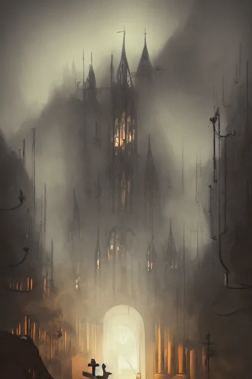 Image similar to illustration of close - up street view of gothic pipe organ, night, smoke, ground fog, by peter mohrbacher, by alex andreev, by jacek yerka, large depth of field, super detailed, digital art, trending on artstation, minimalism