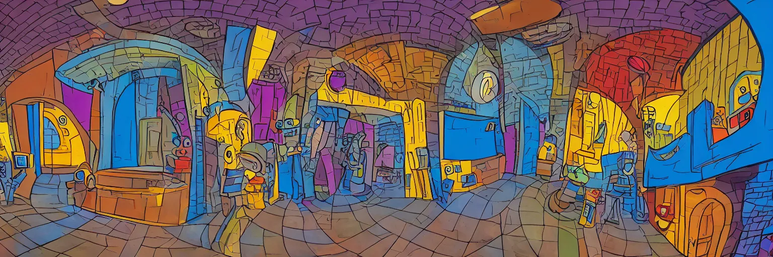 Prompt: theatre access corridor background, 3 doors, fish eye, day of the tentacle, color, vibrant, cubism