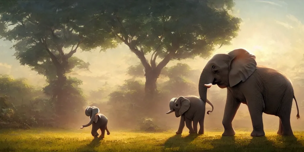 Image similar to a wholesome cute baby elephant in the morning light studio ghibli, pixar and disney animation, sharp, anime key art by greg rutkowski, by craig mullins, bloom, back lighting