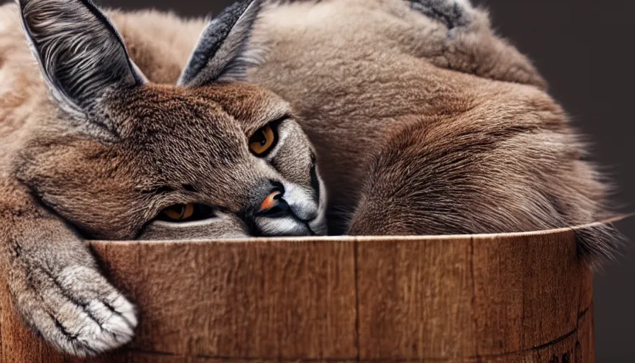 Image similar to closeup photo of cute fluffy caracal lying in wooden barrel, by ilya kuvshinov, rtx rendering, octane render 1 2 8 k, maya, extreme high intricate details by tom bagshaw, medium shot, close up shot, composition by sana takeda, lighting by greg rutkowski