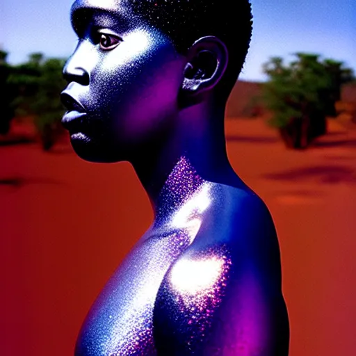 Image similar to portrait of metallic face, african woman, iridescent reflections, smooth, proud looking away, outdoor, blue sky, 8 k, realistic, depth of field, highly detailed, award winning photography, by richard mosse