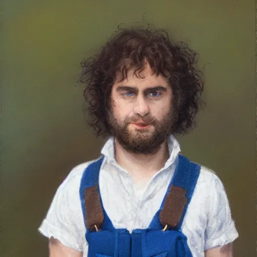 Image similar to close up headshot of a frowning clean shaven pudgy British lad with short curly dark brown hair as a hobbit wearing a white men's crossbody sling chest bag and blue vest, blue vest!! white crossbody chestbag!! high resolution film still, painting by Gerald Brom