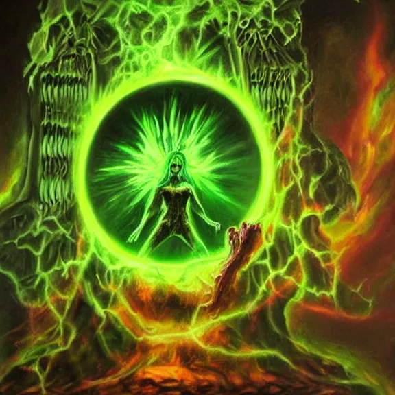 Prompt: woman summon the deathgate portal to the green flame hellgod's home, photograph taken by lord illusion of hyperrealism, dark creepy oil painting