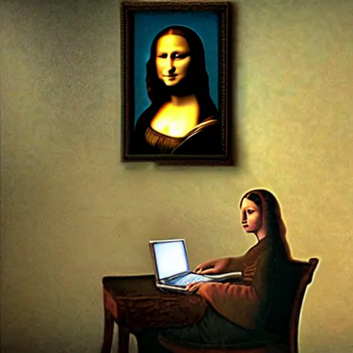 Prompt: mona lisa using a computer in a modern room, realistic, average lighting