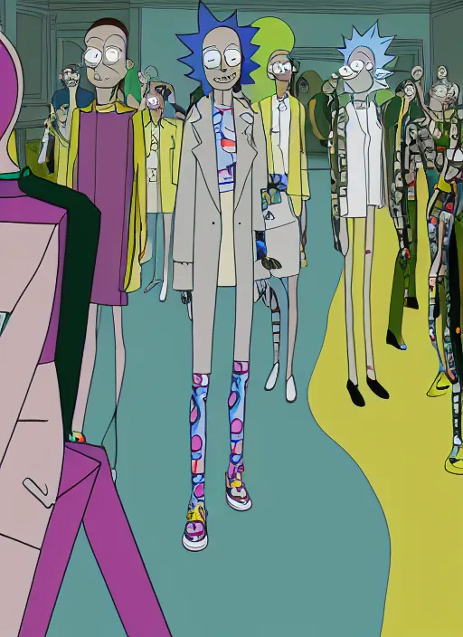 Image similar to hyperrealistic and heavy detailed balenciaga runway show of rick and morty , Leica SL2 50mm, vivid color, high quality, high textured, real life