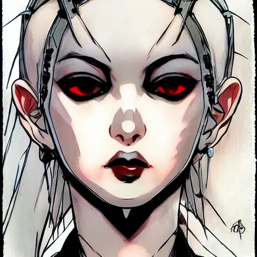 Image similar to beautiful pale - skinned goth girl with a red diamond on her forehead, yoji shinkawa