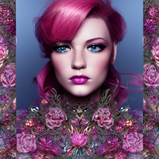 Prompt: beautiful young female florist concept art, pink hair, clear blue eyes, ornate, dynamic, particulate, rich colors, intricate, elegant, highly detailed, vogue, harper's bazaar art, fashion magazine, smooth, sharp focus, 8 k, octane render