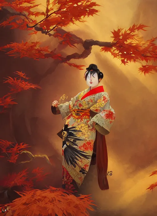 Prompt: tengu in autumn color kimono with art nouveau swirls, subsurface scattering, by jesper ejsing, justin gerard, tomasz alen kopera, cgsociety and fenghua zhong, highly detailed, rim light, cinematic lighting, illustration, art, octane render, very coherent, cinematic, hyper realism, high detail, octane render, 8 k