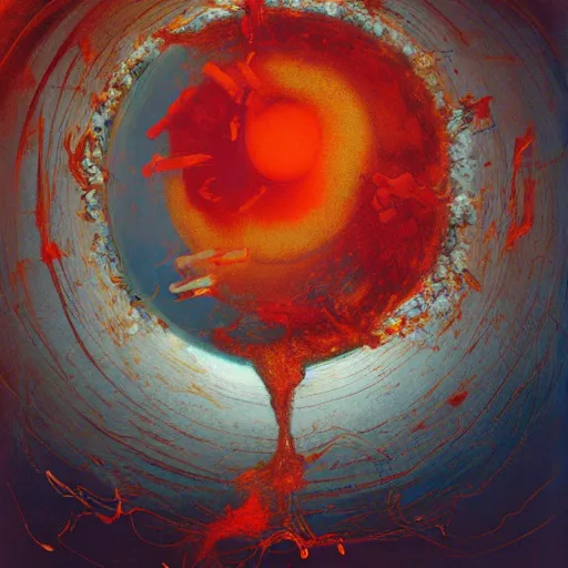 Prompt: a sphere being devoured by abstract splatters of paint in the style of francis bacon, venus being engulfed in flames in front of a female face in the style of james jean, surreal, beksinski, high detailed