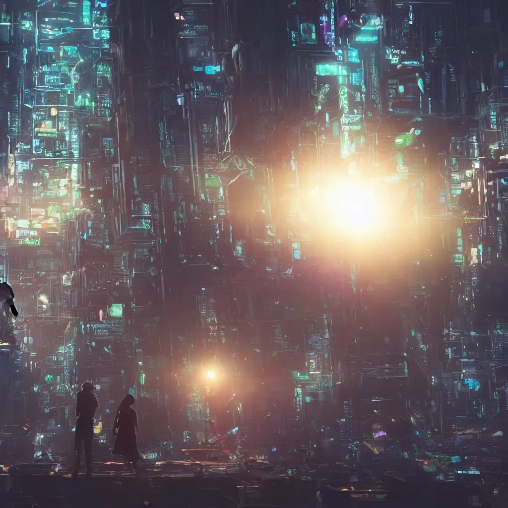 Image similar to a cinematic composition depicting : we're overlooking translucid crystal android being, whos is behind their heads up display viewing out of their window how a high tech lush solarpunk tribe collaborating with their technologic android helpers encroaching a cyberpunk town at sunrise