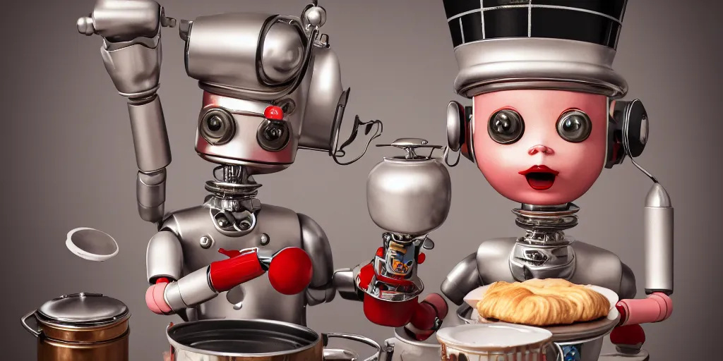 Image similar to closeup portrait of tin toy retro robot chef cooking pastry in a kitchen, depth of field, zeiss lens, detailed, centered, fashion photoshoot, by nicoletta ceccoli, mark ryden, lostfish, breathtaking, 8 k resolution, extremely detailed, beautiful, establishing shot, artistic, hyperrealistic, octane render