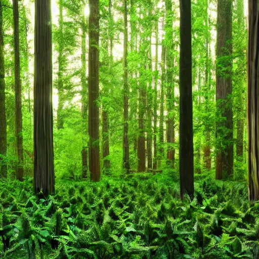 Prompt: a forest of marijuana plants the size of coastal redwood trees 4 k photorealism hd