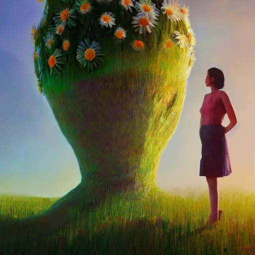 Image similar to giant daisy flower head, woman standing next to modern window in luxury loft, surreal photography, sunlight, impressionist painting, digital painting, artstation, simon stalenhag