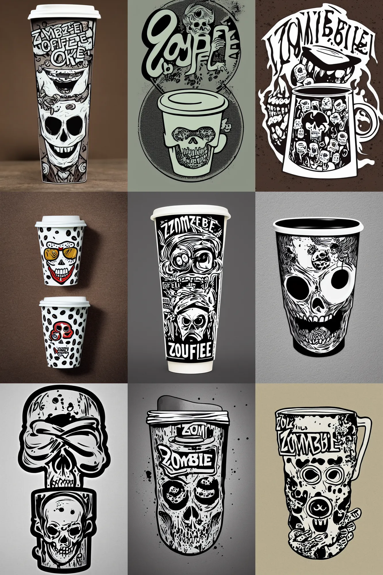 Prompt: zombie coffee logo, cup shaped like a skull, by mcbess, full colour print