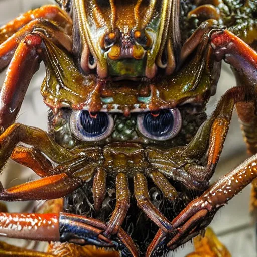 Prompt: photo taken of an epic intricate, ultra detailed, super realistic gritty, hero prop, exquisitely painted animatronic movie prop of a wet slimy grotesque nightmarish hellish arachnoid creature displayed in the workshop, created by weta workshop, full body shot, photorealistic, sharp focus