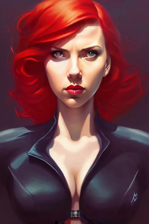 Image similar to peter mohrbacher, phil noto, artgerm, pretty scarlett johansson black widow, symmetrical eyes, long red hair, city rooftop