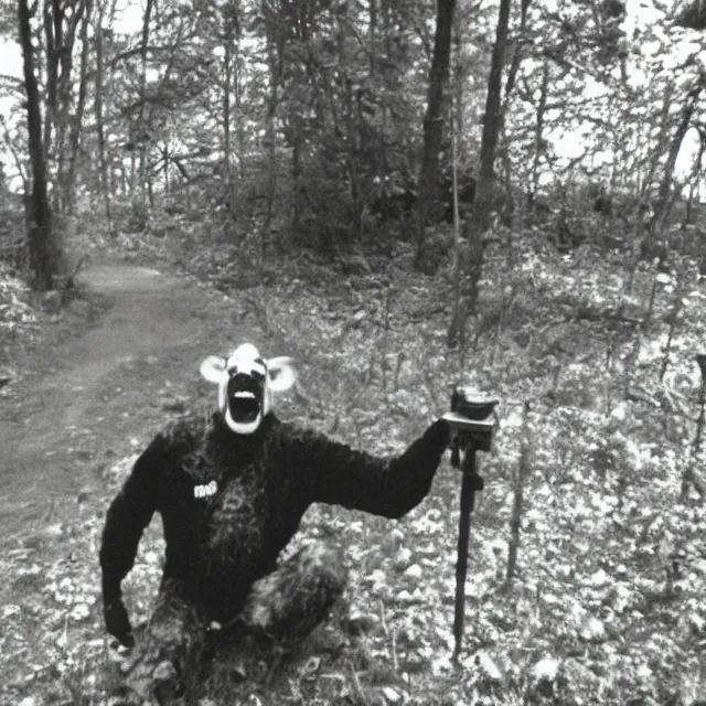 Image similar to trail cam infrared footage grainy VHS of smiling grinning wide-eyed cow-man