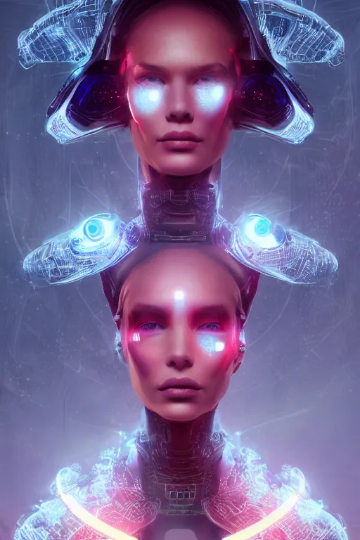 Prompt: detailed portrait of a cyborg, necromancer, benevolent, scifi, futuristic, beautiful girl, elegant cape, glow, concept art, sharp focus, inside a space ship, trending on artstation, intricate, advanced technology, art by roman makarenko and simon almeida and marcos melco