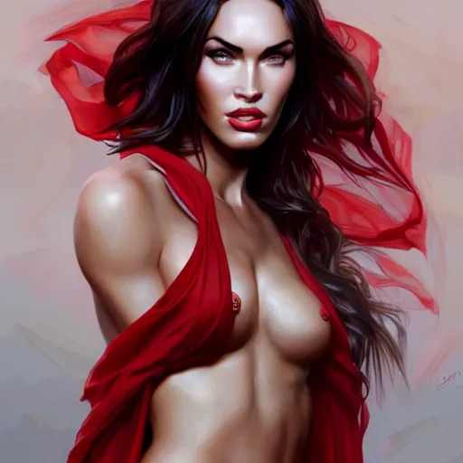 Image similar to portrait of megan fox, muscular upper body, scarf, greek, jewelry, red dress, fantasy, intricate, elegant, highly detailed, digital painting, artstation, concept art, matte, sharp focus, illustration, art by aenaluck and roberto ferri and greg rutkowski, epic fantasy, digital painting