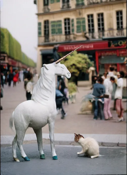 Image similar to a unicorn in paris sneezing a cat out of its horn, canon 5 d 5 0 mm lens kodachrome