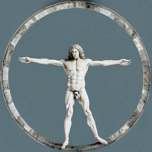 Prompt: Da Vinci's Vitruvian Man as a marble sculpture by Michelangelo, 4k, hyperrealistic, octane render, studio lighting