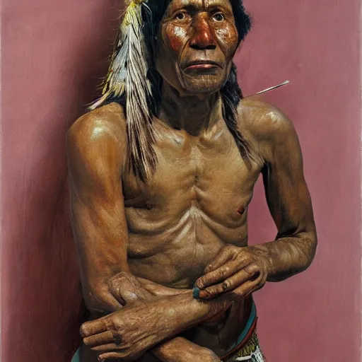 Prompt: high quality high detail painting by lucian freud, hd, full body of a indigenous tribe leader, muted pink color, photorealistic lighting