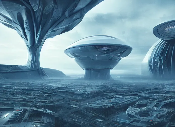 Prompt: cult of technology, large brain in a vat, exterior, scifi, machines, artificial intelligence, ribbon chapel base, ultra realistic, highly detailed, futuristic landscape, beautiful, city, utopian architecture, drone point of view, atmosphere, masterpiece, epic lighting, bright, cinematic, art by jan urschel and neil blevins