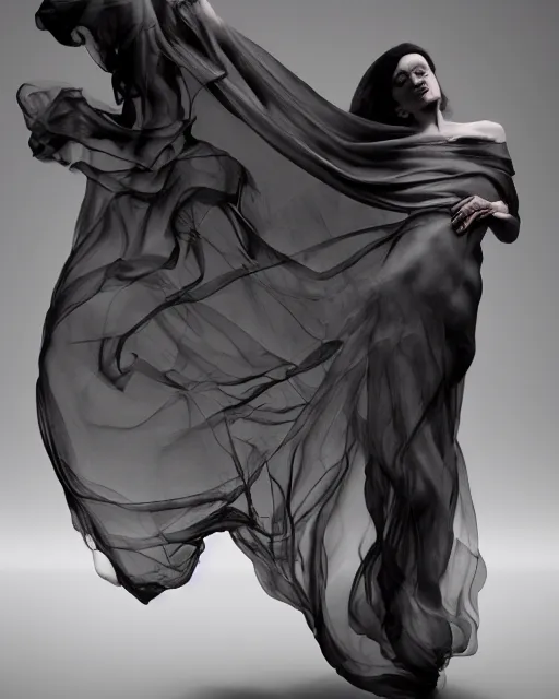 Prompt: mid shot render of an ethereal ghostlike figure fluid simulation in houdini dancing in dark smoke robes and silk veils by ilm, paolo roversi, nick knight, gill elvgren, beautiful futuristic simplified form distorted by turbulent movement, dark studio background, deep color, trending on artstation, hyperrealism, matte painting, dutch golden age, fine detail, cgsociety